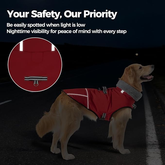 Mihachi Dog Coat for Large Dogs, Warm Dog Winter Coat Waterproof Dogs Jacket with Harness Built in Reflective Pet Fleece Vest, Puppy Cold Weather Coats Turtleneck & Windproof Pet Snowsuit, Red L