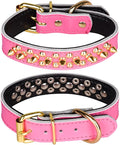 Adjustable Genuine Leather Spiked Studded Dog Collars for Small Medium Large Pets Like Pit Bull Bulldog Pugs Husky (L, Hot Pink2)