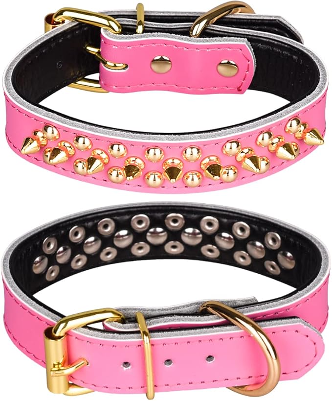 Adjustable Genuine Leather Spiked Studded Dog Collars for Small Medium Large Pets Like Pit Bull Bulldog Pugs Husky (S, Hot Pink2)