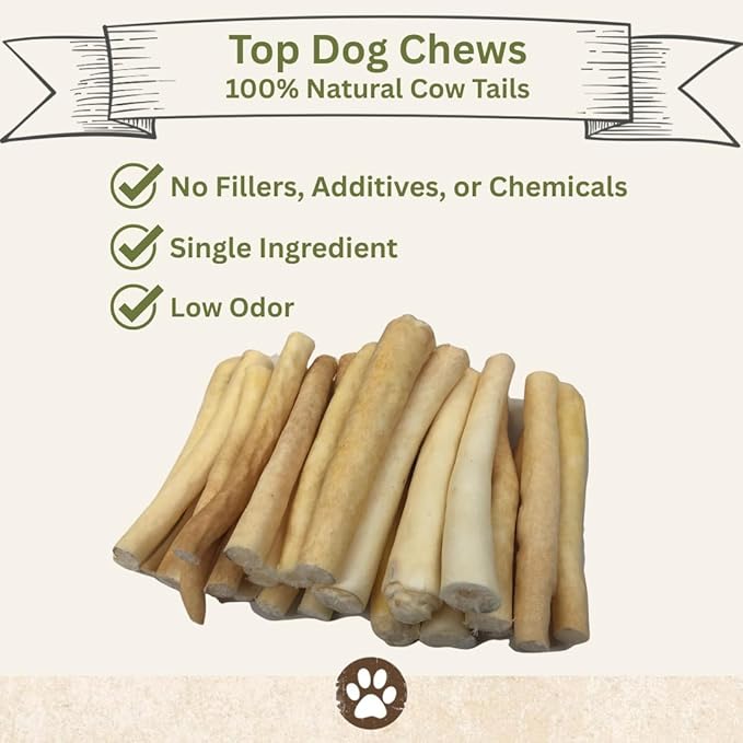 Top Dog Chews - 6 Inch Cow Tails, High-Protein Dog Treats, 100% Naturally Sourced Dog Chew from Free Range Grass-Fed Cattle, Beef Bull Puppy Treats