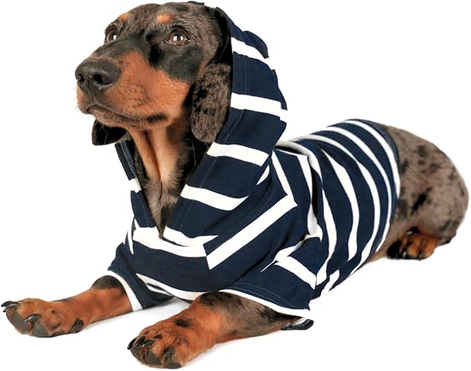 DJANGO Dog Hoodie – Warm, Lightweight, Soft & Stretchy Dog Sweater with Hood, Harness Hole & Elastic Waistband – Cozy Sweatshirt for Small Dogs up to 25 lbs, Dachshunds & Puppies – Navy Blue, Small