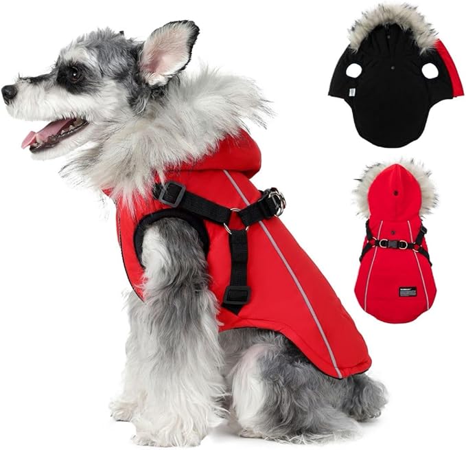 PINA Dog Winter Coat, Dog Winter Jacket with Waterproof Fabric, Warm Dog Coat with Faux Fur Hood, Dog Winter Vest with Reflective Strap for Small Medium Large Dogs, Red, L