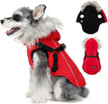 PINA Winter Coat for Dogs - Waterproof Jacket with Faux Fur Hood, Reflective Strap - Red, 2XL