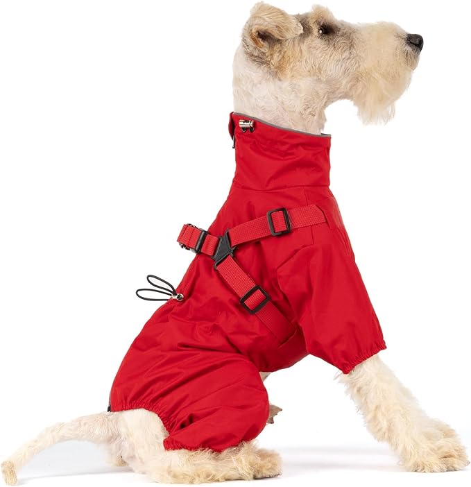 Mile High Life Waterproof Dog Raincoat, Full Coverage Small Dog Rain Coat with Harness, Adjustable 4 Legs Puppy Rain Jacket with Reflective Strip and Elastic Cuffs (Red, L Back Length 16.1")