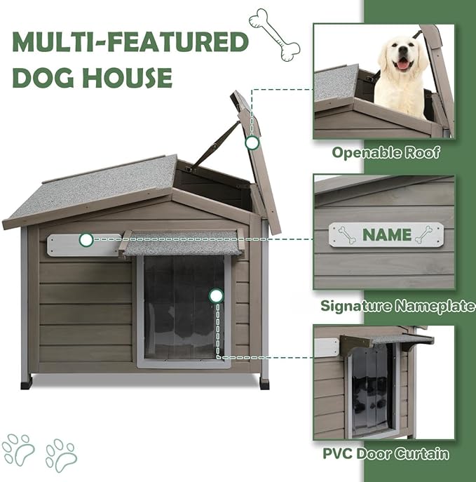 30''L Dog House Outdoor Indoor, Wooden Dog Houses with Waterproof Roof, Door Curtain, Anti-Chewing Frame, Elevated Doghouse Shelter Bed Kennel with Window, Removable Floor