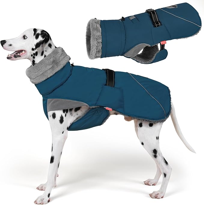 KYEESE Waterproof Dog Coat, Windproof Pet Jacket with Thick Fleece Lining, Extra Warm High Collar Dog Coats for Medium to Large Dogs with Leash Hole and Reflective Strips, Navy Blue, XX-Large