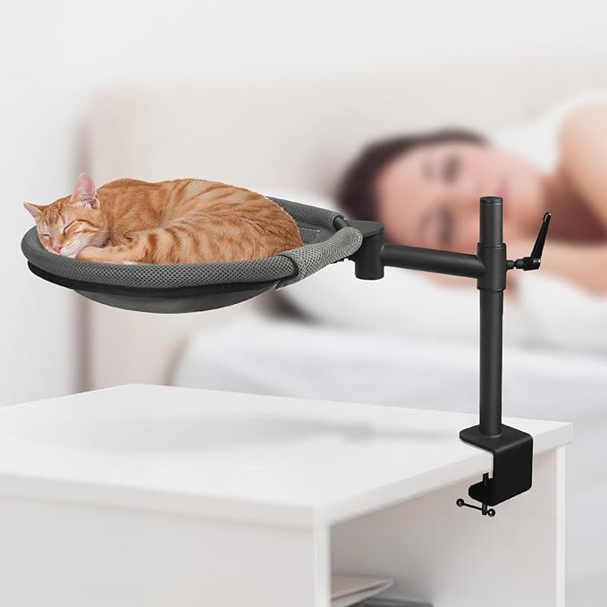Cat Desk Bed - Sturdy Cat Bed for Desk with 360° Rotating & Adjustable Height, Elevated Cats Nest Perch for Desk, Grey