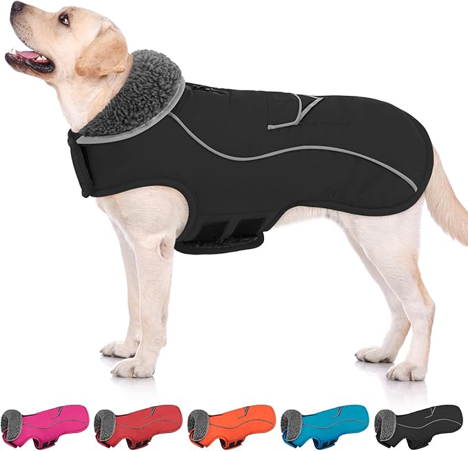 SUNFURA Large Dog Coat, Warm Dog Winter Coat Jacket with Thick Furry Collar, Adjustable Pet Fleece Jacket Turtleneck Snowsuit for Large Dogs for Chilly Day, Black XL