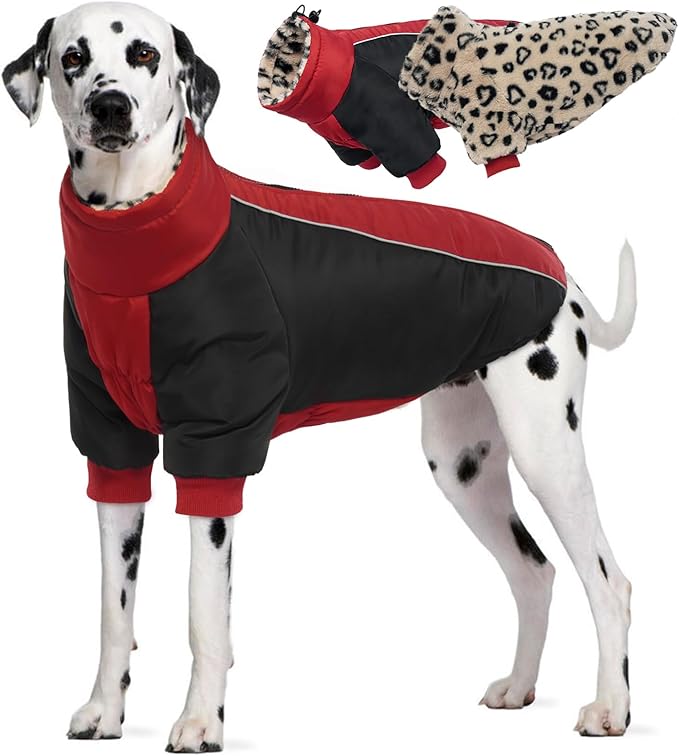 IDOMIK Reversible Dog Winter Coat, Thick Warm Dog Coat with Leopard Fleece Lining&Zipper, Adjustable High Collar Waterproof Jacket, Reflective Pet Cold Weather Coats for Large Dogs,Red,XL