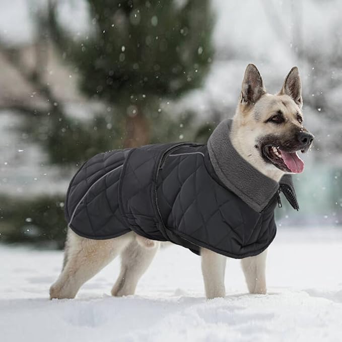 Kuoser Super-Warm Dog Jacket Windproof Cold Weather Coats for Extra Large Dogs, Fleece Lining Turtleneck Dog Snowsuit Reflective Adjustable Pet Winter Coat, Dark Grey 3XL