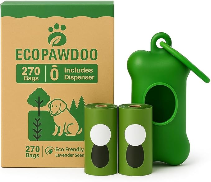 Eco-Friendly Biodegradable Dog Poop Bags Lavender Scented with Dispenser and Leash Clip, 270 Bags in 18 Rolls, Extra Thick, Durable, Recyclable