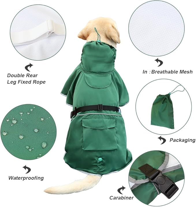 Reflective Dog Raincoat Waterproof Adjustable Dog Hooded Poncho Raincoat for Medium Large Dogs, Lightweight Pet Rain Jacket (Green, 3XL)
