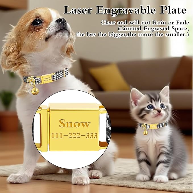 Personalized Breakaway Cat Collars - Magnetic Buckle, Bell - Safety Quick Release, Customized for Girls & Boys Cats- (Houndstooth-Black)