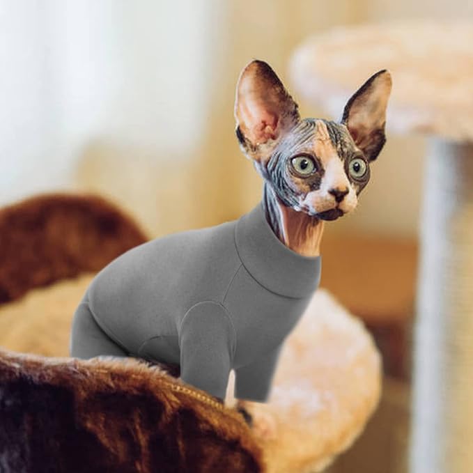 ROZKITCH Clothes for Cats, Breathable Jumpers for Sphynx Only, Soft Coat with Four Legs, Warm Sweater T-Shirt Pajamas Jumpsuit Vest Cornish Rex, Devon Rex, Peterbald Grey 2XL