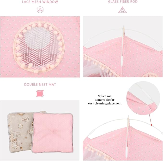 Cat Bed Tents Dog House Indoor Outdoor Lace Mesh Breathable Windows Door Curtains Removable Portable Nest Teepe House (Medium,Pink(Flower))