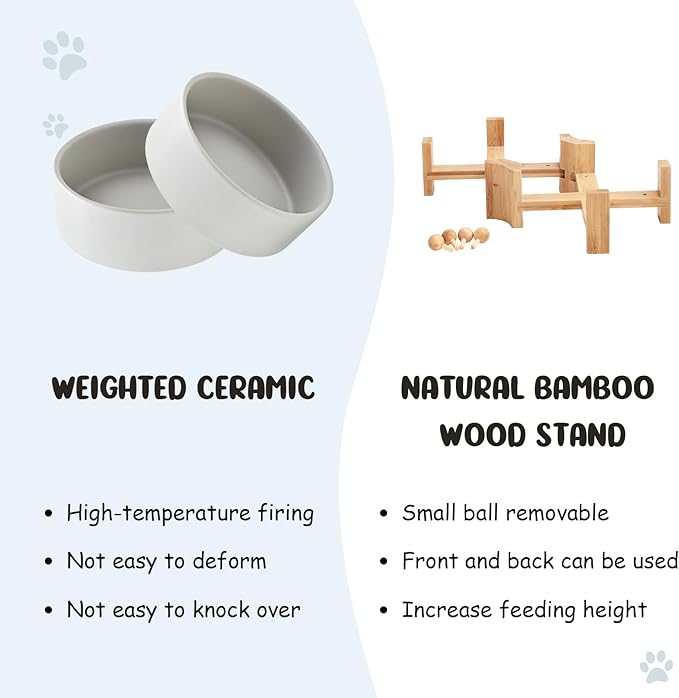SPUNKYJUNKY 15° Slanted Ceramic Dog and Cat Bowl with Wooden Stand, Tilted Bulldog Food and Water Bowl No Slip Non-Spill for Cats Medium Dogs Big Face Pets 28.7 OZ (3.6 Cups, Grey × 2)