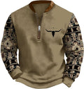 HOTYD Aztec Cowboy Jacket Men Vintage Bullhorn Printed Oversized Western Sweatshirt Long Sleeve Quarter Zip Pullover