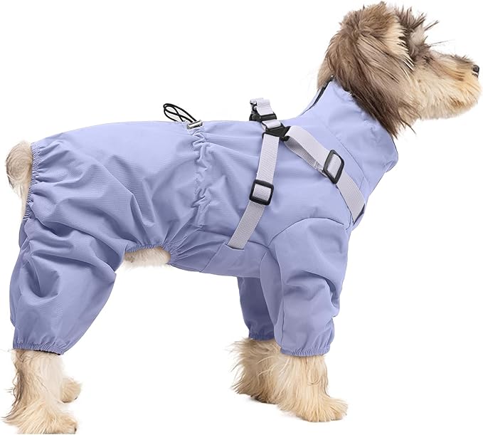 BRKURLEG Dog Raincoat for Small Dogs, Small Dog Rain Jacket with Harness Built in, Waterproof 4 Legs Puppy Raincoats, Puppy Outdoor Jacket with Reflective Strip, Purple, XXL