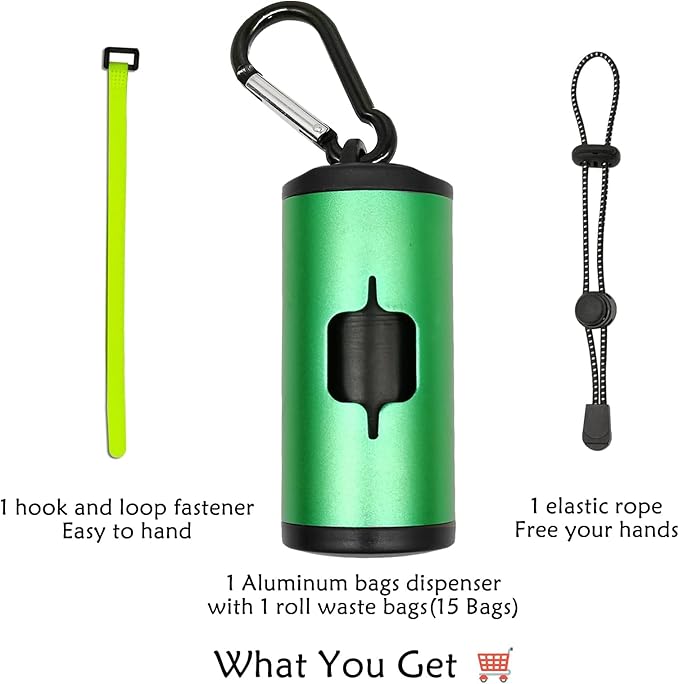 Metal Dog Poop Bag Holder Aluminum Dispenser for Leashes, Hiking & Travel, Lightweight Scratch-Resistant with 3 Attachments and 195 Bags (Emerald Green, 1 Holder 15 Bags)