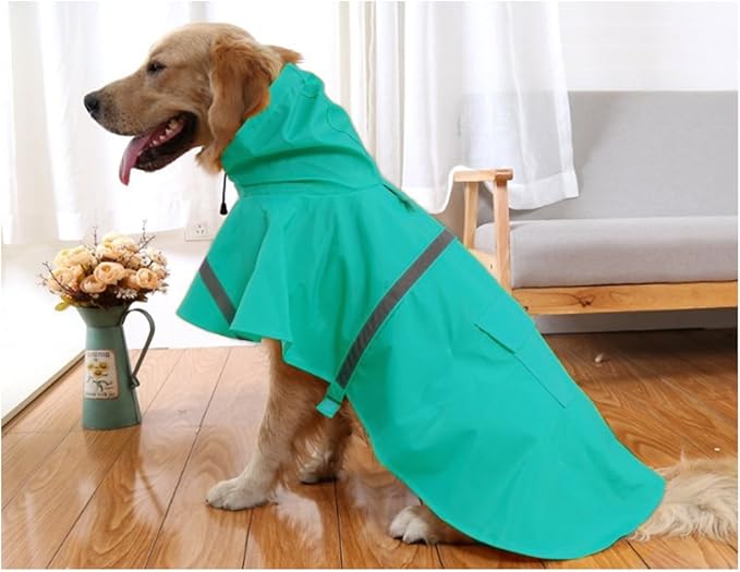 Mikayoo Large Dog Raincoat Adjustable Pet Water Proof Clothes Lightweight Rain Jacket Poncho Hoodies with Strip Reflective(Lake Blue,L)