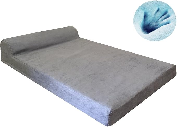 Dogbed4less Premium HeadRest Pillow Orthopedic Cool Memory Foam Dog Bed for Large Dogs, Waterproof Lining with Washable Suede Grey Cover, XXL 55X37X4