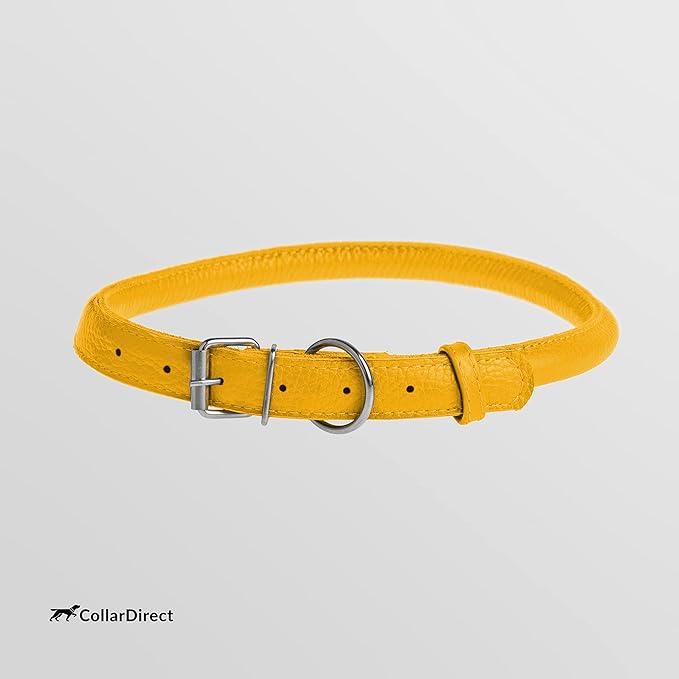 CollarDirect Rolled Leather Dog Collar, Soft Padded Round Puppy Collar, Handmade Genuine Leather Collar Dog Small Large Cat Collars 13 Colors (15-19 Inch, Yellow Textured)