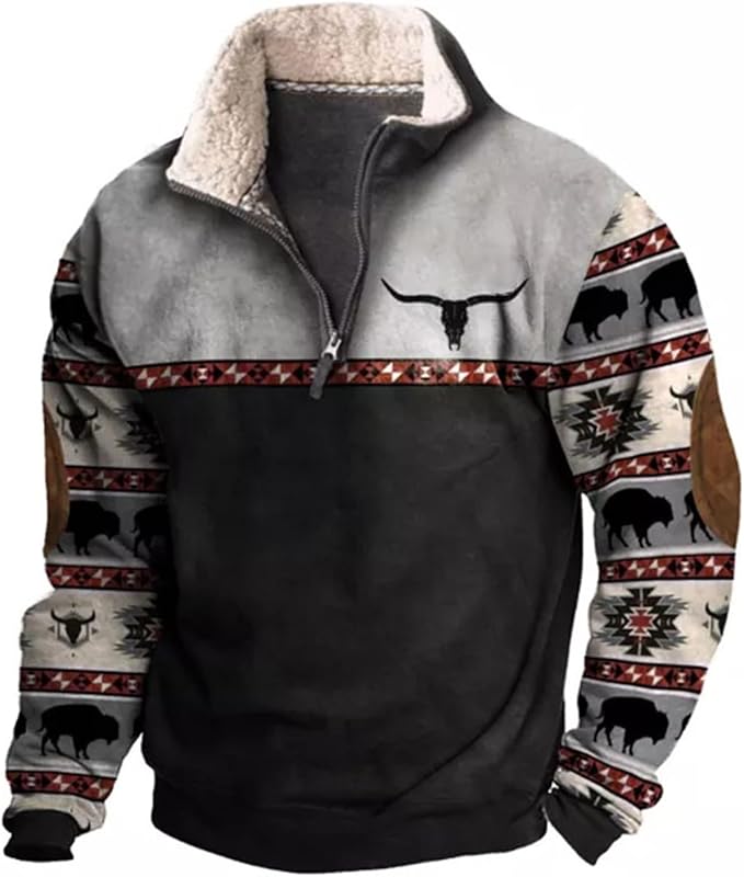 HOTYD Aztec Cowboy Mens Hoodie Vintage Graphic Western Hoodies Casual Long Sleeve 1/4 Zip Pullover Mens Country Jacket