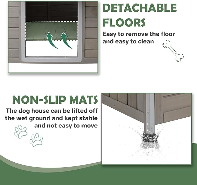 40'' L Large Dog House Outdoor Indoor, Wooden Dog Houses with Waterproof Roof, Door Curtain, Anti-Chewing Frame, Elevated Doghouse Shelter Bed Kennel with Window, Openable Roof