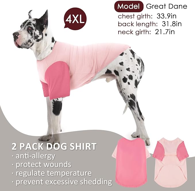 2 Pack Shirts for Large Dogs 4XL - Lightweight Breathable Dog Clothes, Prevent Overheating Summer Cool Tees for Doberman, Alaskan Malamute, Travel, Hiking, Beach, Lounge Wear, Sleeping, Pink