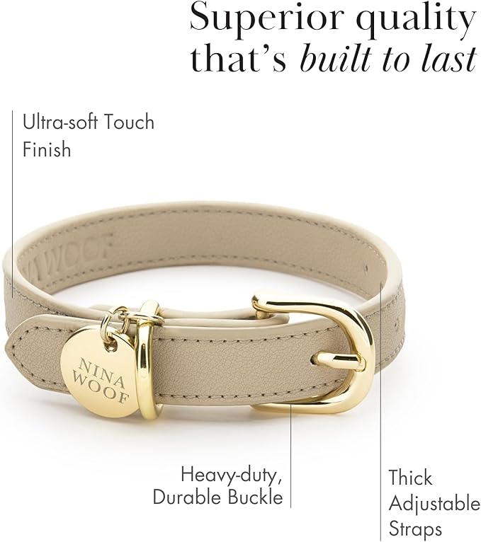 NINA WOOF Copenhagen Leather Dog Collar - Handmade with Vegan Soft Leather Round Padded Collar with Adjustable Buckle for Extra Small, Small, Medium, and Large Dogs - Color Beige, Small