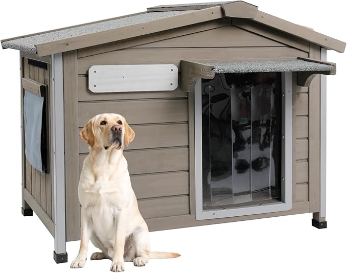 PetsCosset 30.1" L Large Dog House Outdoor & Indoor,Fir Wood Dog Kennel with Weatherproof Openable Asphalt Roof,Spacious Doghouse with Anti-Chewing Metal Edges for Small & Medium & Large Dogs,Grey