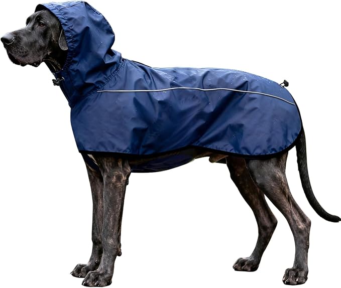 Mosucoirl Dog Raincoat Jacket Reflective Adjustable Hooded Pet Poncho Rain Coats with Leash Hole Waterproof Clothes for Small Medium Large Dogs (NavyBlue, L)