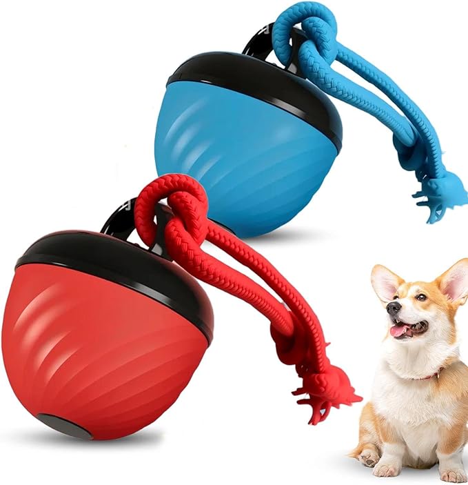 Interactive Dog Toys Ball, 2026 New Smart Pet Puppy Ball with Ropes, Random Path Electric Automatic Moving and Rolling Dogs Toy, for Small Medium Large Dogs Daily Training (Blue+Red)