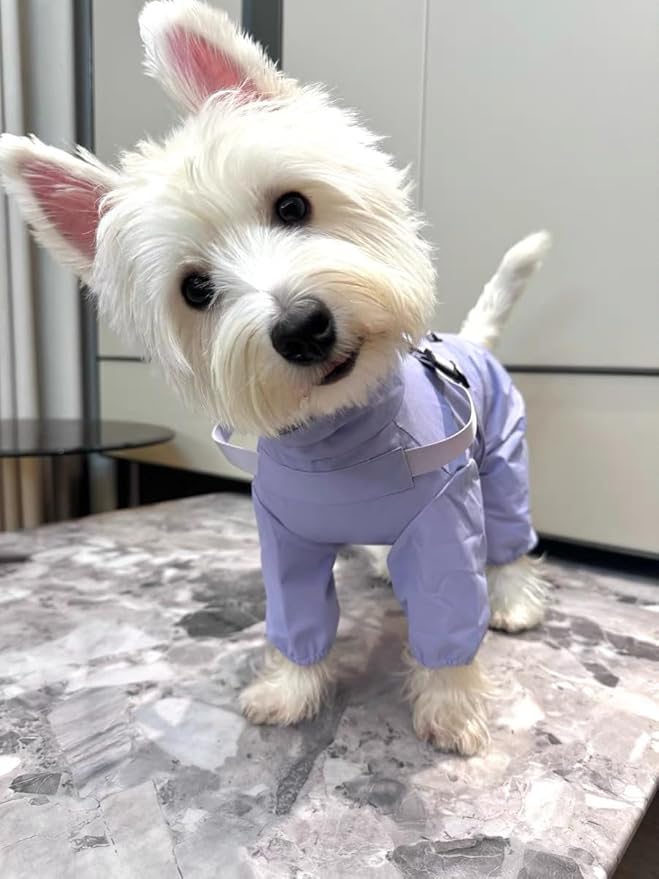 Mile High Life Waterproof Dog Raincoat, Full Coverage Small Dog Rain Coat with Harness, Adjustable 4 Legs Puppy Rain Jacket with Reflective Strip and Elastic Cuffs (Purple, S Back Length 13")