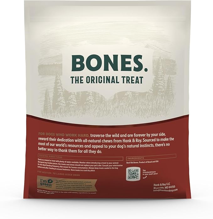 Hank & Roy All-Natural, Single-Ingredient 8-10” Beef Rib Bones for Dogs, Long Lasting, Engaging Dog Bones, Individually Wrapped for Odor Control and Freshness