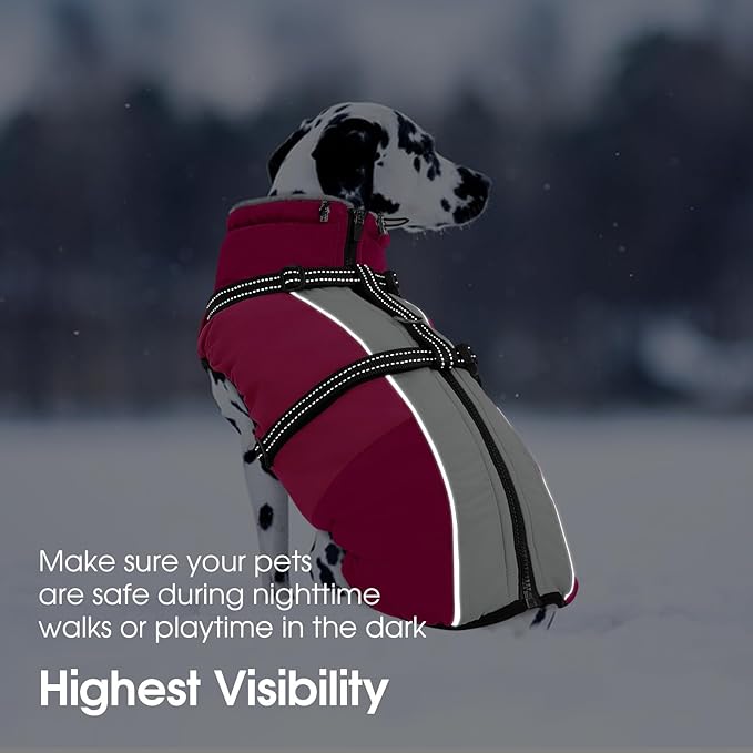 SUNFURA Dog Winter Coat, Warm Dog Coat with Harness for Medium Dogs Boys Girls, Reflective Fleece Lined Pet Winter Jacket Snowsuit for Pug, Jack Russel, Schnauzer, Hot Pink M