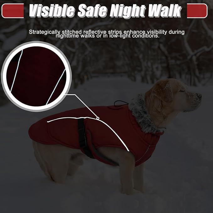 DENTRUN Large Dog Winter Coat - Windproof Reflective Warm Coat, Adjustable Neck & Snap Closure, Water Repellent Thick Fleece Vest, Fleece Lined for for Golden Retriever, Red, XL