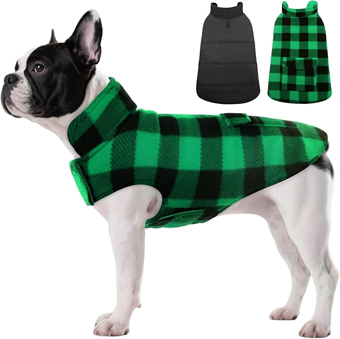 ASENKU Dog Winter Coat, Fleece Doggie Jacket Plaid Reversible Vest Waterproof Windproof Cold Weather Clothes for Small Medium Large Dogs (M, Green)