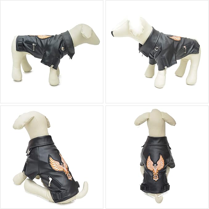 Lovelonglong Cool Dog Leather Jacket, Warm Coats Dogs Windproof Cold Weather Coats for Large Medium Small Dogs with Eagle Embroidery Black XL