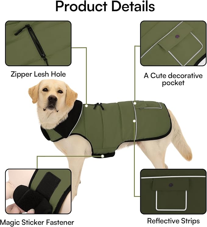 Dog Coat, Large Dog Jacket, Windproof Dogs Puffer Jacket, Fleece Lined Warm Dogs Winter Coat with Harness Hole (Army Green XL)