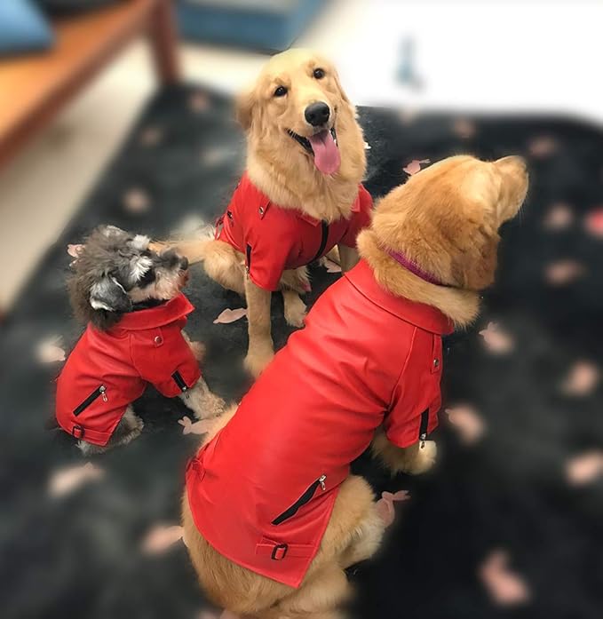 Lovelonglong Cool Dog Leather Jacket, Warm Coats Dogs Windproof Cold Weather Coats for Large Medium Small Dogs, Toy Poodle Clothing Red XS