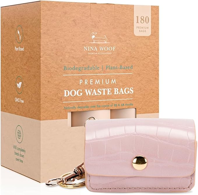 NINA WOOF Dog Poop Bags - 180 Compostable & Biodegradable with Leather Poop Bag Holder - (Lilac) Bundle - Versatile Vegan Leather Waste Bag Holder for Dog Poop and Dog Waste Bags for Puppy Walks