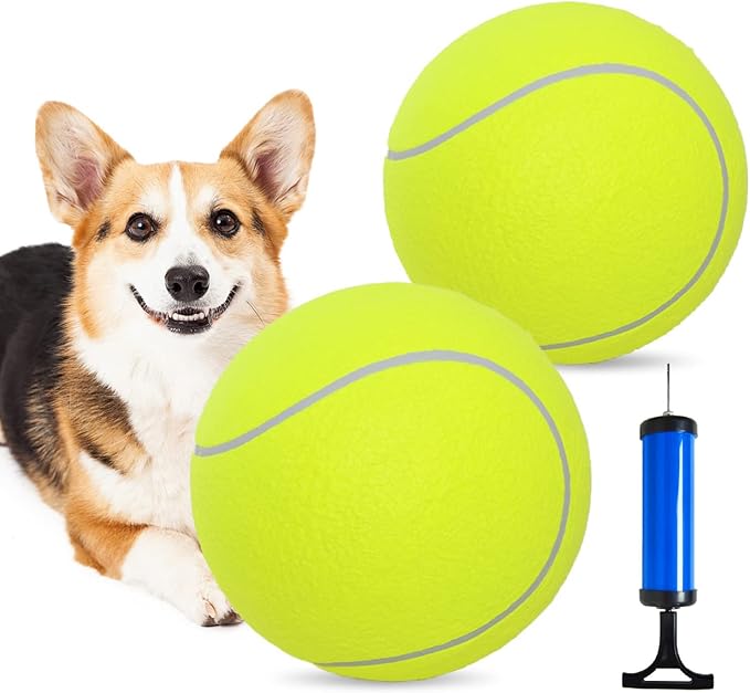 Pomeat 2 PCS Gaint Tennis Ball for Dogs, 9.5" Inflatable Large Tennis Balls Pet Chew Toy, Inflatable Rubber Non-Toxic Pet Toy Balls with Pump & Needle for Small Medium Large Dogs