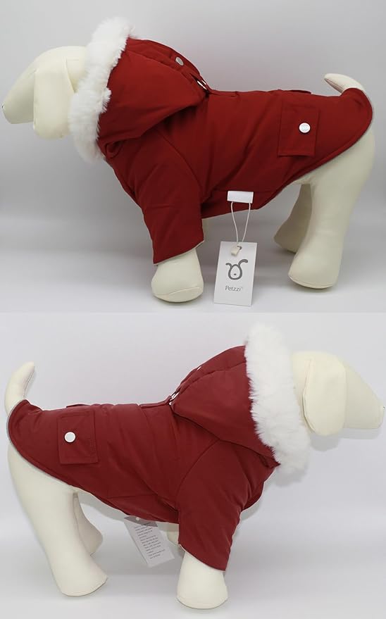 Pet Warm Dog Coat for Winter Dog Clothes Hooded Dog Jacket for Small Puppies Medium Large Dog Cat Clothes Insulated Padded Snow Jacket for Cold Weather Faux Fur (Large, Dark Red)
