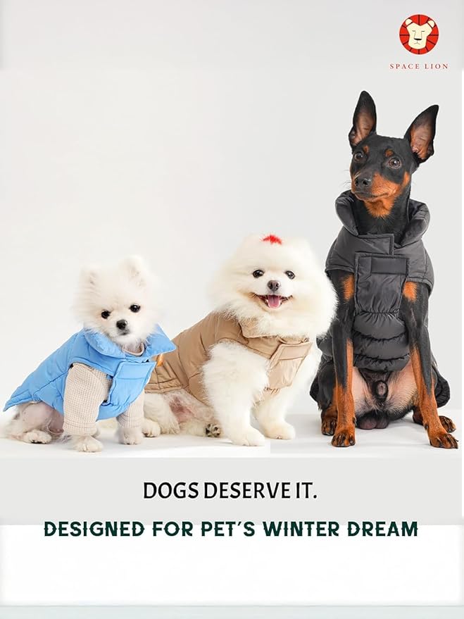 SPACE LION Dog Puffer Jacket, Down Winter Coat, Durable Outdoor Coat for Cold and Windy Conditions, Waterproof, Lightweight Jacket, Adjustable Fit for Small, Medium, Large Dogs(Black,8/XS)