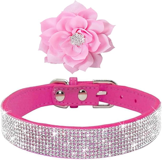 Serijoars Small Dog Collar with Rhinestone Crystal Diamond Colorful Bling Girl Puppy Cat Collars (S, Hot Pink6)