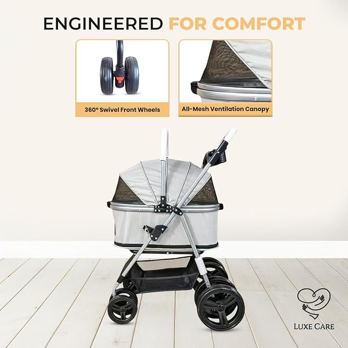 Luxe Haus 4 Wheel Foldable Pet Stroller - Lightweight Dogs and Cats Stroller Upto 50lbs with Mesh Canopy, Storage Basket and Cup Holder, Durable for Walks and Outings (Medium)
