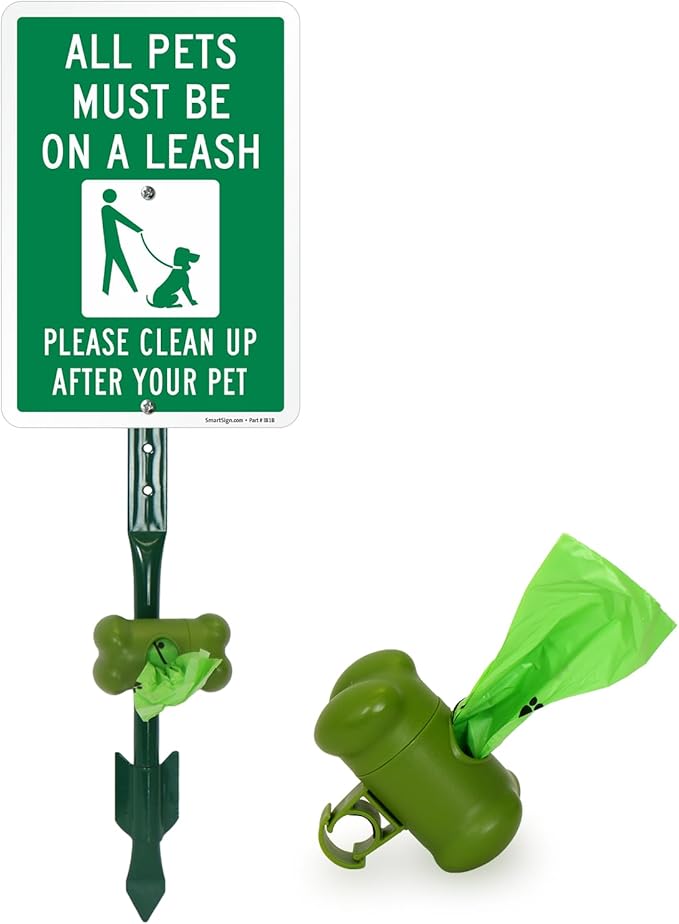 SmartSign Pets Must Be On Leash Clean Up After Pet Yard Sign & Clip-On Dispenser Combo/Kit, 7"x10" Rust-proof Metal Sign with 18-inch Steel Stake, Compact Dispenser Preloaded with a 15 Poop Bags Roll