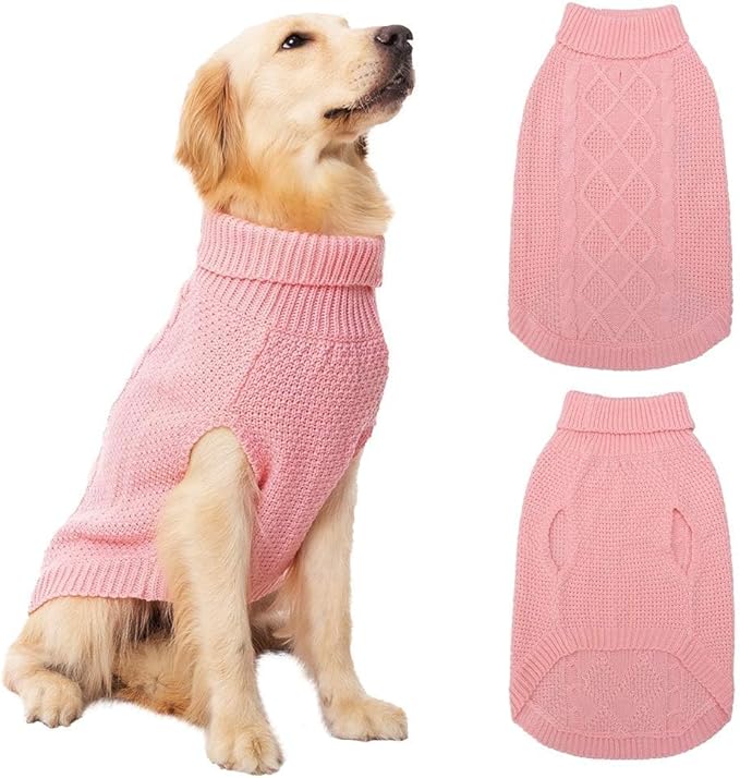 Mihachi Turtleneck Dog Sweater - Winter Coat Apparel Classic Cable Knit Clothes with Leash Hole for Cold Weather, Ideal Gift for Pet in New Year Flesh Pink Medium