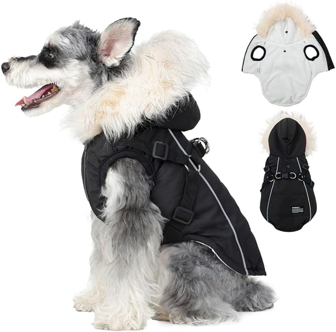 PINA Faux Fur Dog Coat - Warm Winter Jacket with Waterproof Fabric, Reflective Strap for Small to Large Dogs, Black